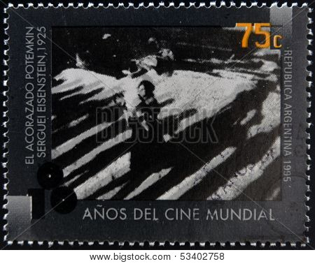 A stamp printed in Argentina dedicated to 100 years of world cinema