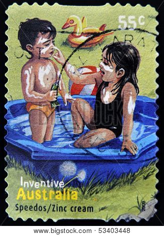 AUSTRALIA - CIRCA 2009 : a stamp shows australian inventions speedos - zinc cream