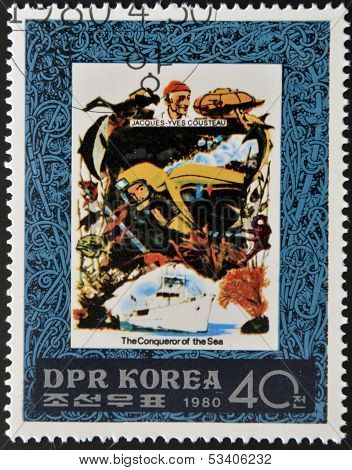 Stamp printed in DPR Korea dedicated to the conqueror of the sea shows Jacques Cousteau