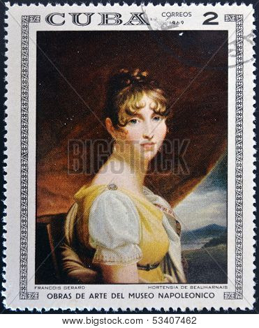 Stamp dedicated to Artworks Napoleon Museum shows Hortense de Beauharnais by Francois Gerard