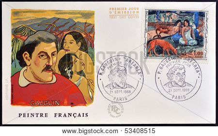 stamp printed by France shows Arearea (Merriment) by Paul Gauguin