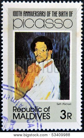 stamp printed in Malldives Islands shows self portrait by Pablo Ruiz Picasso