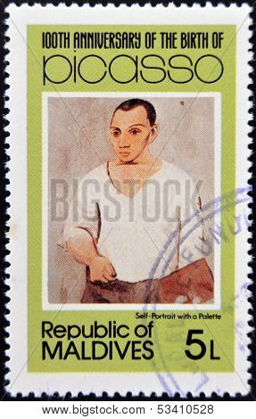 stamp printed in Malldives Islands shows self-portrait with a palette by Pablo Ruiz Picasso
