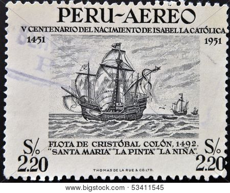 Stamp dedicated to Birth of Isabella the Catholic shows fleet of Christopher Columbus
