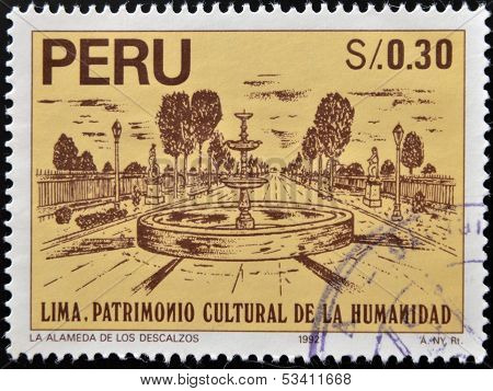 stamp dedicated to Lima humanity's cultural heritage shows the bare Mall La alamada de los descalzos