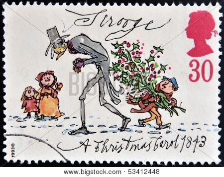 UNITED KINGDOM - CIRCA 1993: A stamp printed in Great Britain shows Scrooge from Christmas