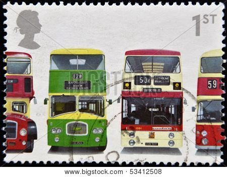 stamp shows Bristol Lodekka FSF6G Leyland Titan, Leyland Atlantean, and Daimler Fleetline
