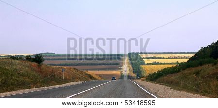 Wide Highway And Mountain. North Caucasus Travel.