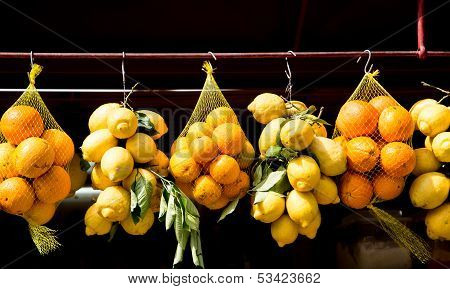 Oranges And Lemons Hanging In Market