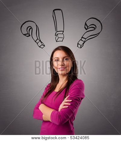 Beautiful young lady thinking with question marks overhead