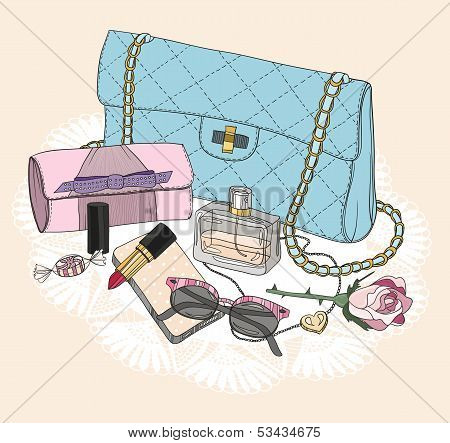 Fashion Essentials. Background With Bag, Sunglasses, Shoes, Jewelery, Perfume, Makeup And Flowers.