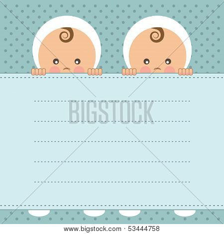 Baby boy twins announcement card. Vector illustration.