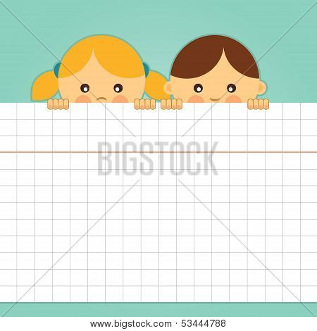 Girl and boy holding a blank squared paper sheet. Vector illustration.