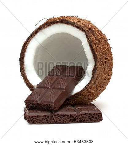 Coconut And Chocolate Isolated On White