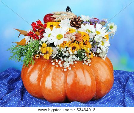 Beautiful autumn composition in pumpkin on table on bright background