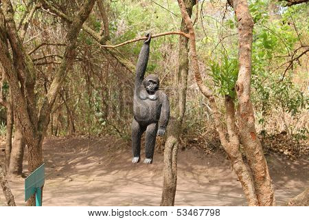 Wooden Gorilla Hangs On A Tree.
