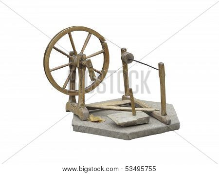 Old Manual Wooden Spinning-wheel Distaff Isolated On White