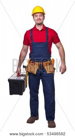 portrait of caucasian handyman isolated on white background
