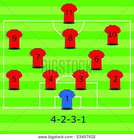 Soccer field illustration. Football tactics and strategy - popular 4-2-3-1 team formation.