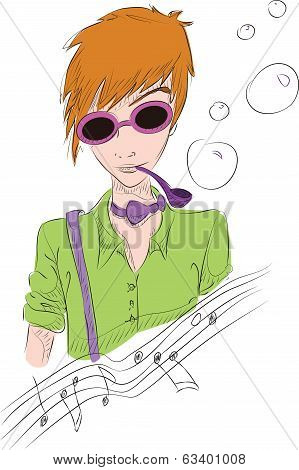 Hand drawn illustration of boy in sun glasses