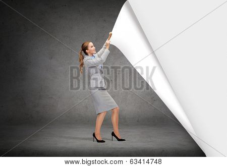 business and education concept - smiling businesswoman changing sceneries