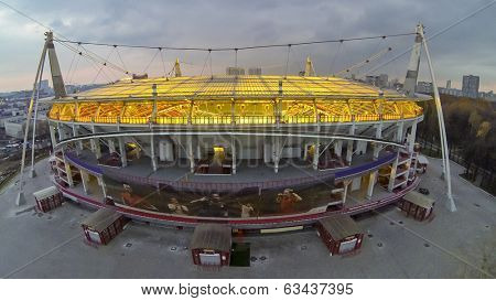 MOSCOW - OCT 17: Evening view from unmanned quadrocopter to closed Lokomotiv Stadium with with the light for the growth of grass on the field on the side on October 17, 2013 in Moscow, Russia.
