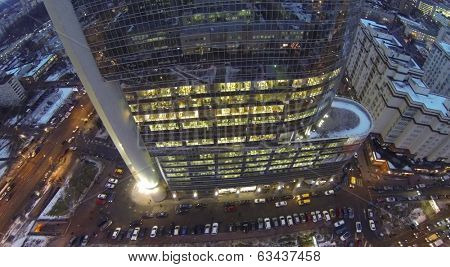 MOSCOW, RUSSIA - DEC 18, 2013: (aerial view) Business Centre Preo-8 and Preobrajenskaya Square. Height of twenty-eight-storey building Preo-8 is 106 m.