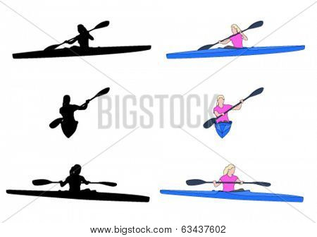woman kayaking silhouettes and illustration