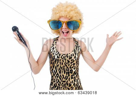 Funny singer   woman with mic and sunglasses  isolated on white
