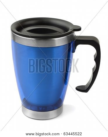 Blue thermal travel cup isolated on white