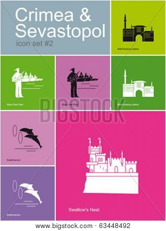 Landmarks of Crimea & Sevastopol. Set of flat color icons in Metro style. Editable vector illustration.