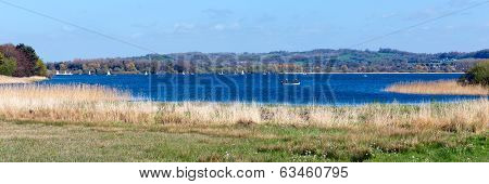 Panorama Chew Valley Lake and reservoir Somerset England an important site for wildlife birdwatching
