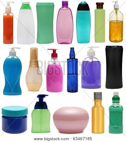 colored plastic bottles with liquid soap and shower gel.
