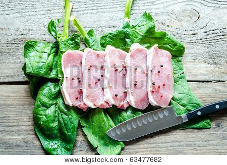 Raw Meat Steaks On Spinach Leaves