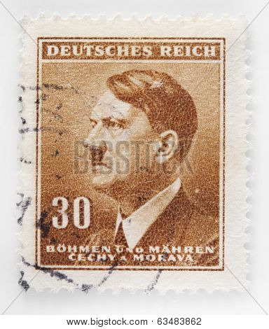 GERMANY - CIRCA 1942: A stamp printed in The Protectorate Czech and Moravia shows sepia portrait of Adolf Hitler, series, circa 1942 