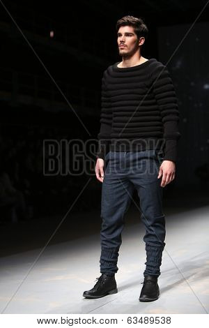 ZAGREB, CROATIA - APRIL 10 : Fashion model wears clothes made by Maja Podrug for Mayn on 