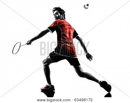 one asian badminton player young man in silhouette isolated white background