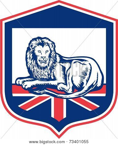 Lion Lying British Flag Shield Retro