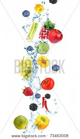 Fresh fruit, berries and vegetables with water splash, isolated on white