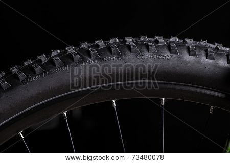 close-up of a mountain bike rubber tire, studio shot.