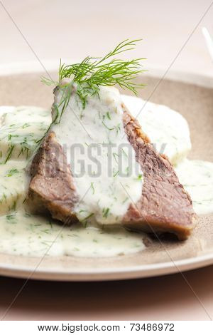 dill sauce with beef meat