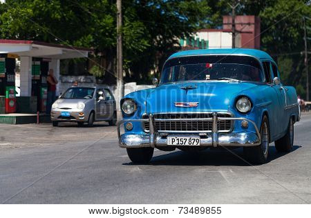 HAVANA,CUBA - June 27, 2014: Blue classic car on the road
