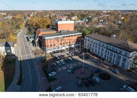Aerial View Of Rural City In Latvia. Valmiera