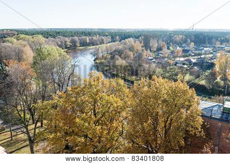 Aerial View Of Rural City In Latvia. Valmiera