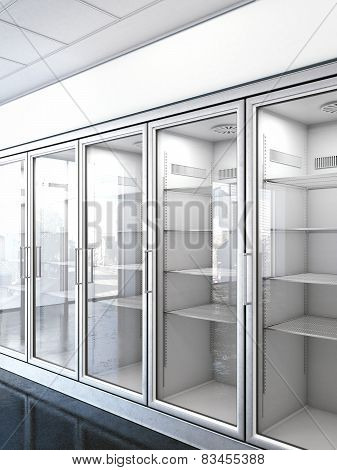 store with an empty fridge