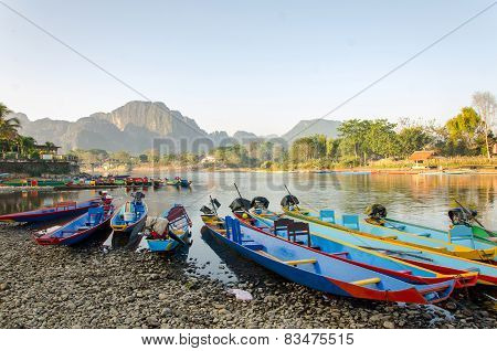 Long Tail Boats On Song River, Vang Vieng,laos