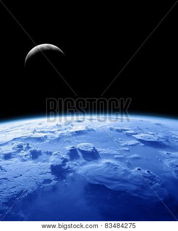Earth and stars as seen from the lunar surface.
