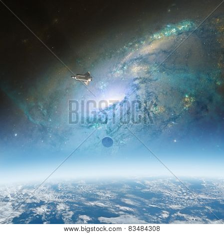 Space sunrise with space shuttle and galaxy background