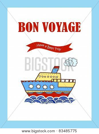 Bon Voyage journey greeting card with hand drawn steamship.