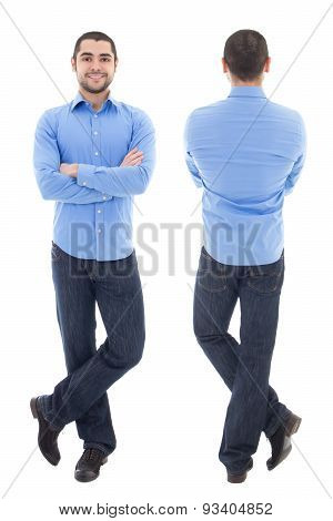 Front And Back View Of Young Arabic Business Man In Blue Shirt Isolated On White
